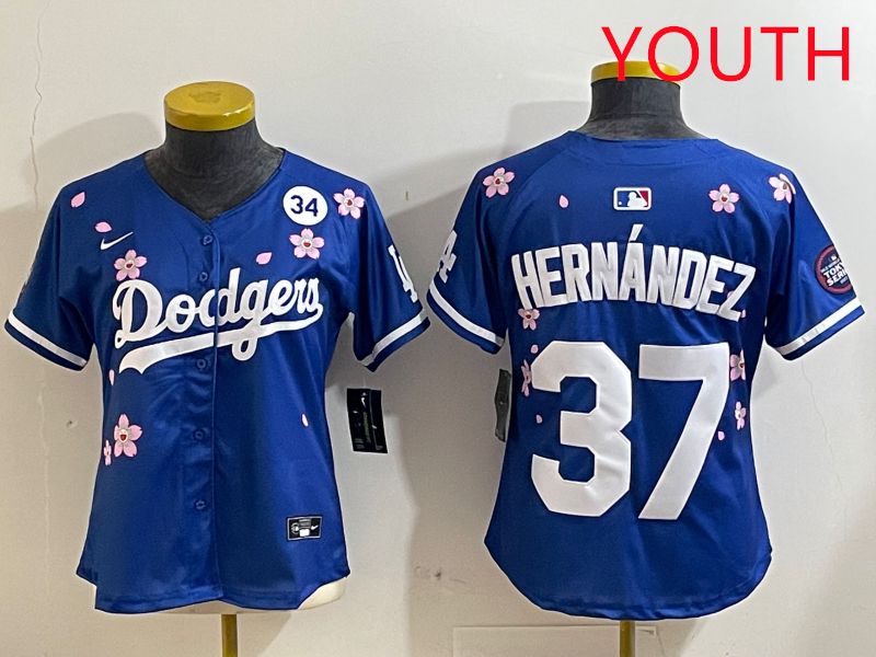 Youth Los Angeles Dodgers #37 Hernandez Blue Sakura Edition 2025 Nike MLB Jersey style 7->youth mlb jersey->Youth Jersey